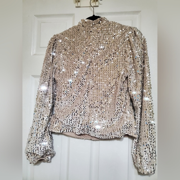 Sanctuary All nighter Silver Sequined Champagne Long Sleeve Top Size Small - Picture 3 of 7